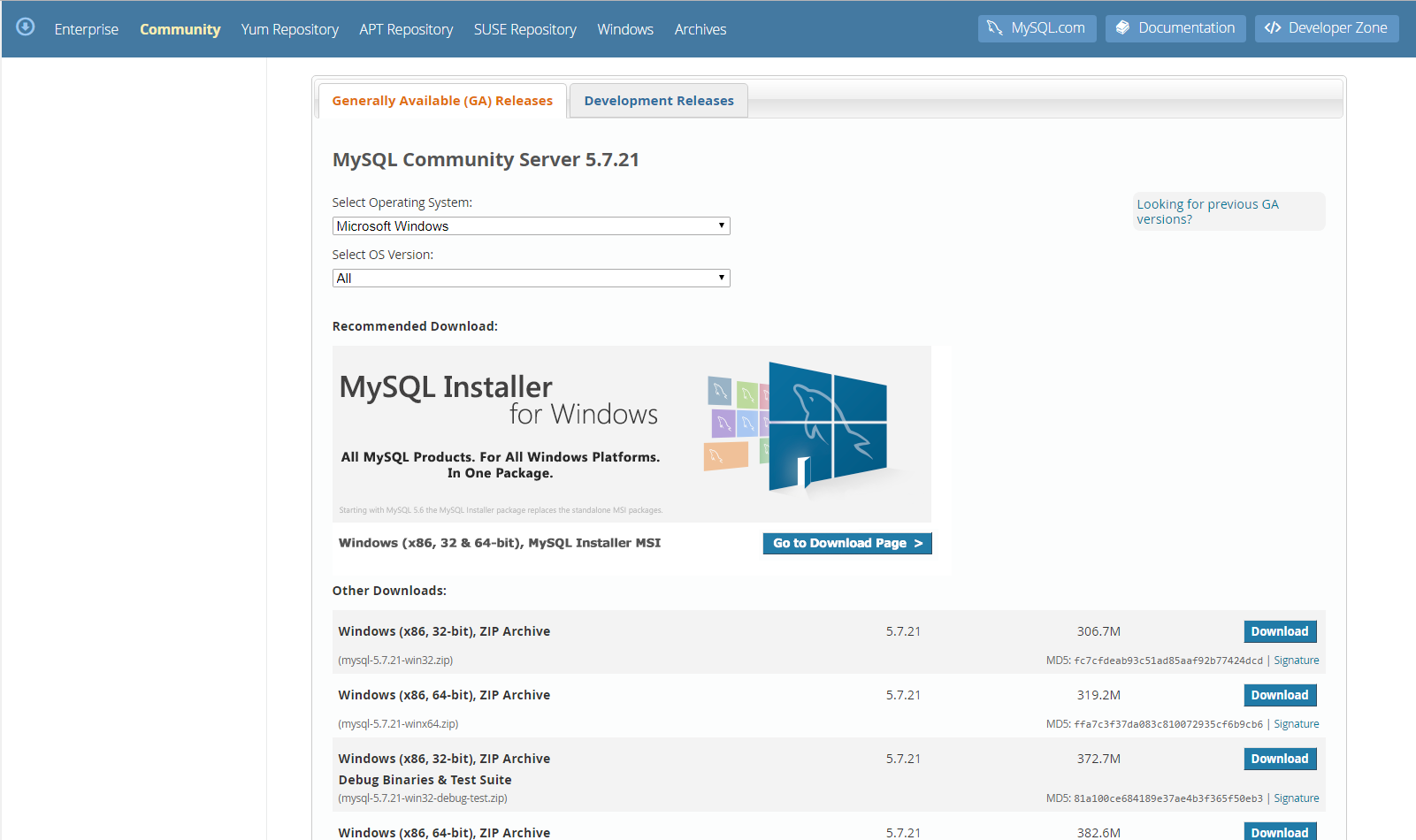 mysql 32 bit windows 7 download